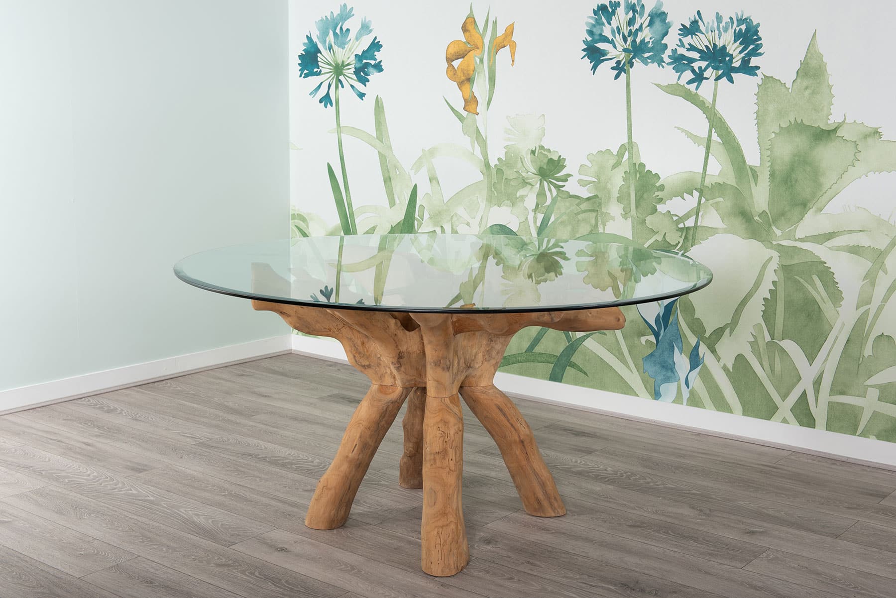 1.5m Round Teak Root Dining Table with Glass Top - Seats 6 - Field & Hawken