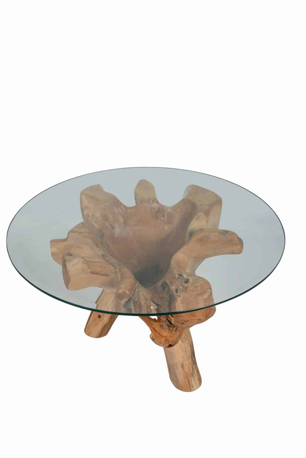 Teak Root Coffee Table with 80cm Round Glass Top - Field & Hawken