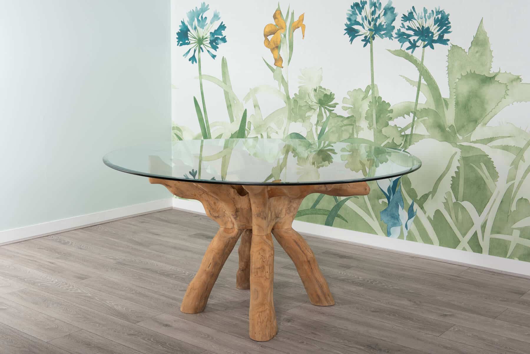 6 Seater Teak Root Dining Set | 1.5m Round Teak Root Table with 6 Live ...