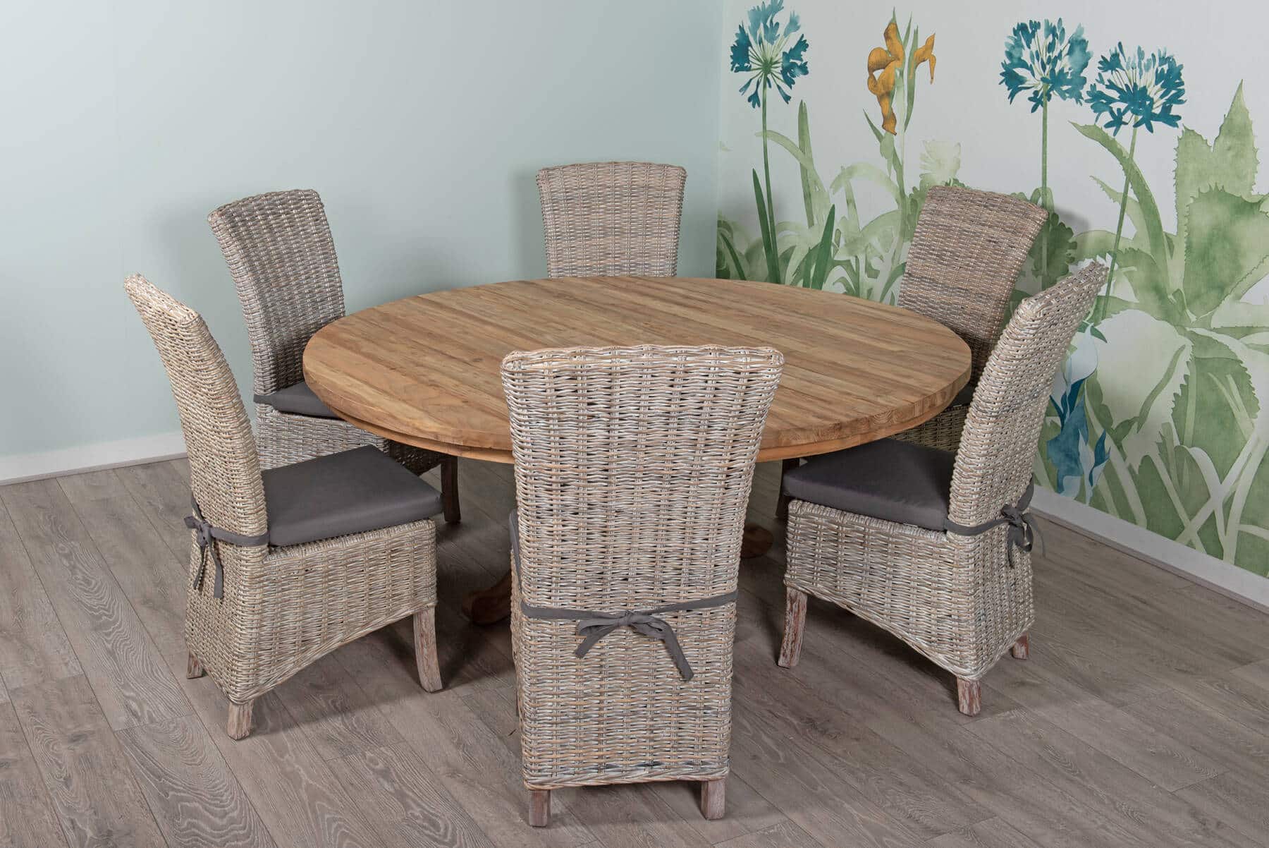 1 4m Round Teak Table 6 Whitewashed Rattan Dining Chairs W Grey Cushions Field Hawken Whitewashed Rattan Dining Chairs, White Washed Rattan Dining Chairs